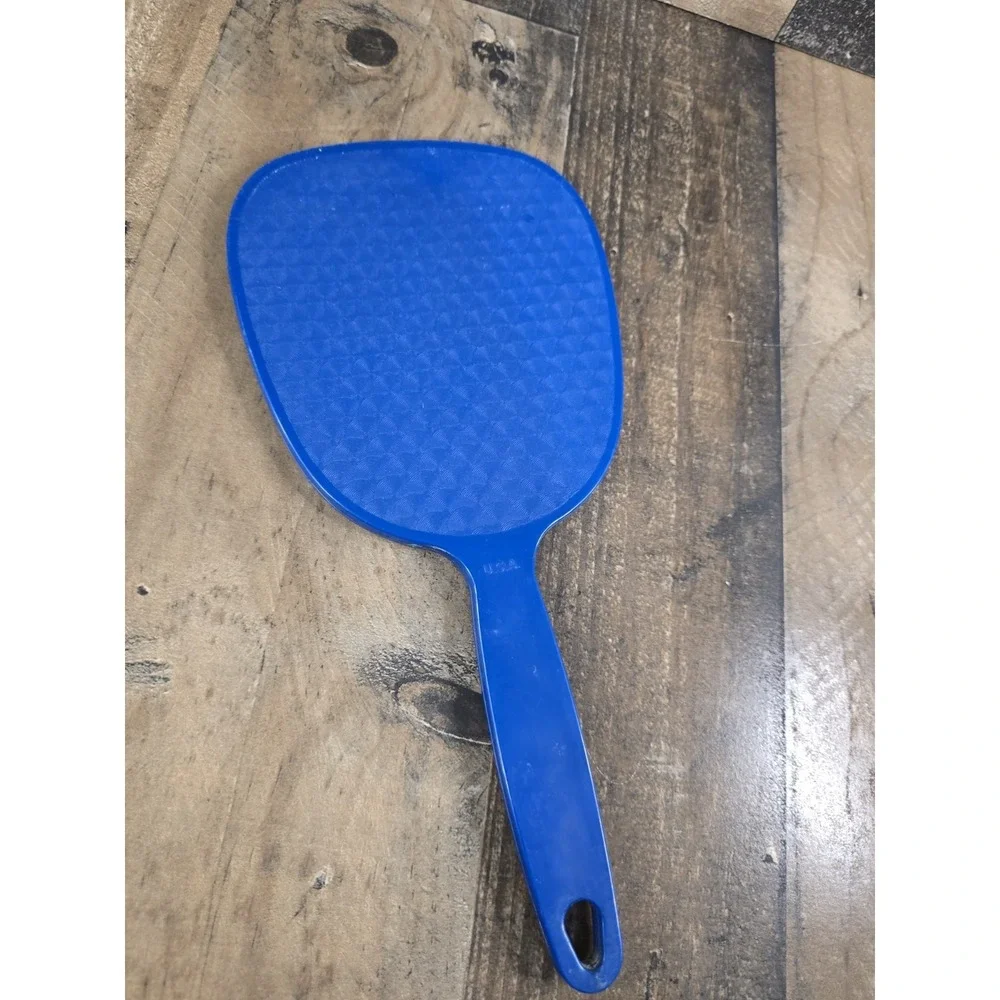 Vintage Blue Handheld Mirror USA Made Plastic Textured Diamond Back Retro Vanity